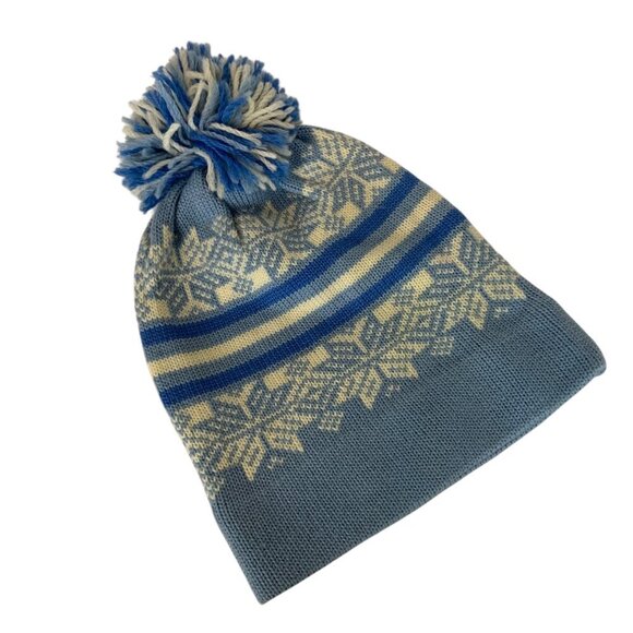 Vintage Meister Wool Knit Beanie Hat Toboggan W Pom Pom Blue Snowflake Pattern - Picture 1 of 4
